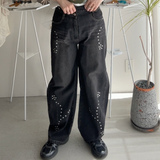 【ハモミシノオトナフク】Denim studded asymmetrical curved pants