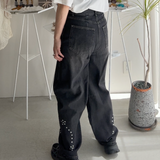 【ハモミシノオトナフク】Denim studded asymmetrical curved pants