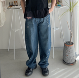 【ハモミシノオトナフク】Denim studded asymmetrical curved pants