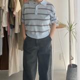 【ハモミシノオトナフク】Sheer striped polo pullover