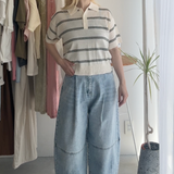 【ハモミシノオトナフク】Sheer striped polo pullover