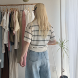 【ハモミシノオトナフク】Sheer striped polo pullover