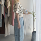 【ハモミシノオトナフク】Sheer striped polo pullover