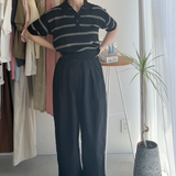 【ハモミシノオトナフク】Sheer striped polo pullover