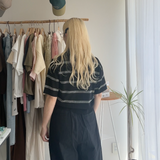 【ハモミシノオトナフク】Sheer striped polo pullover