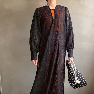 【ハモミシノオトナフク】Block lace slit OP