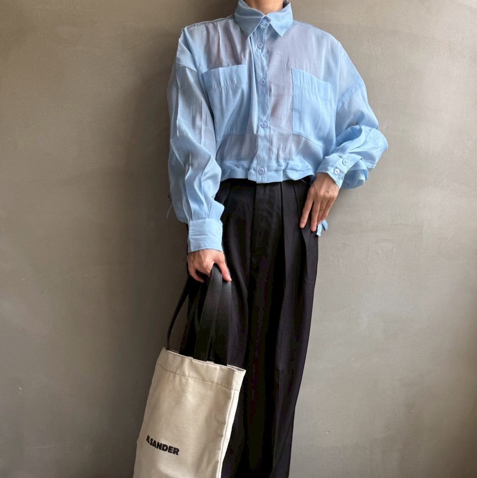 【ハモミシノオトナフク】Sheer poplin gathered blouse