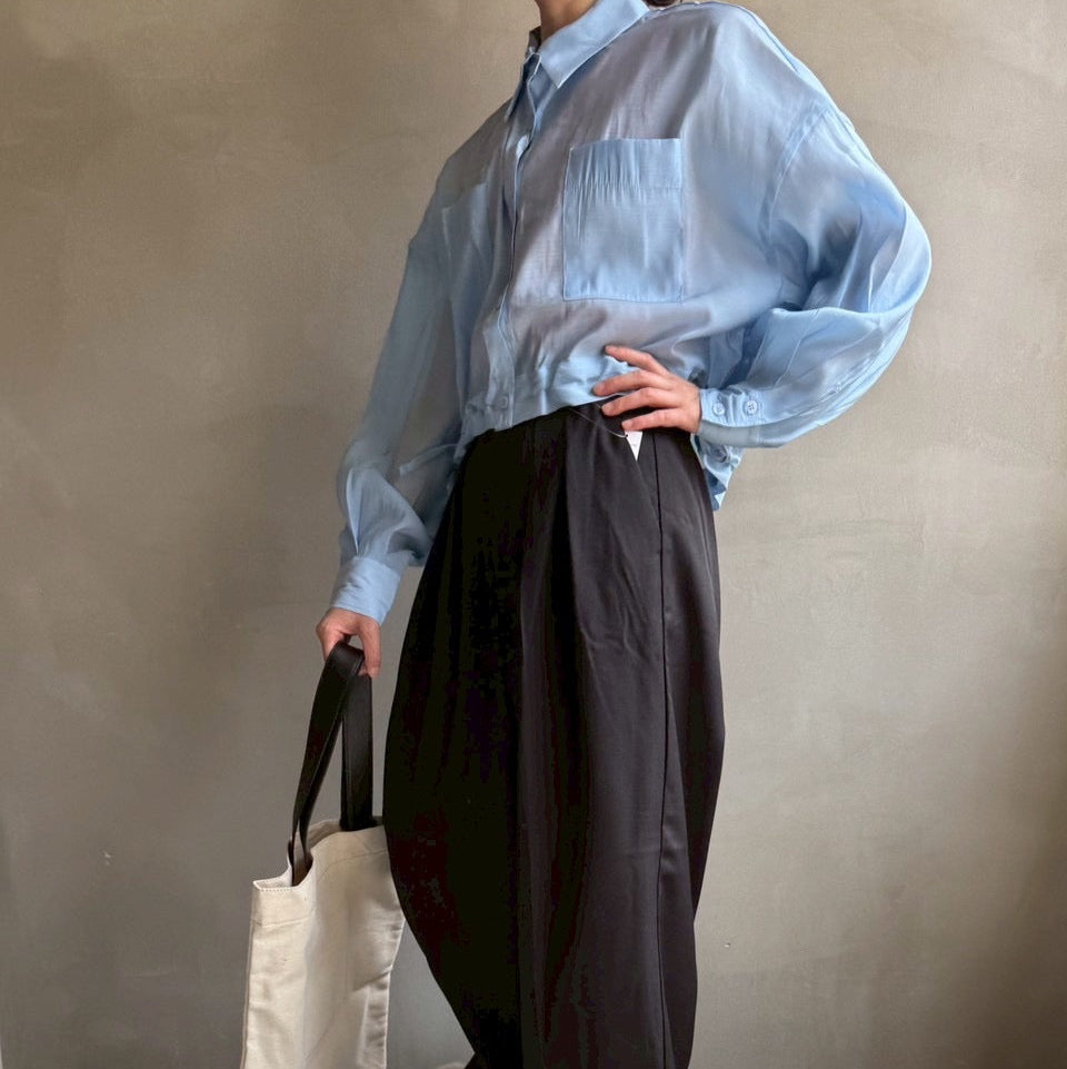 【ハモミシノオトナフク】Sheer poplin gathered blouse