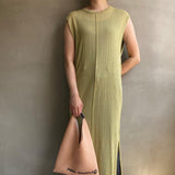 【ハモミシノオトナフク】Sheer knit north slit one piece