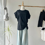 【ハモミシノオトナフク】Asymmetrical Twisted-Hem French-Sleeve Tee