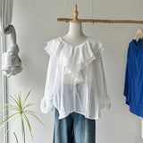 【ハモミシノオトナフク】Ruffle Collar Semi-Sheer Blouse