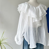 【ハモミシノオトナフク】Ruffle Collar Semi-Sheer Blouse