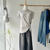 【ハモミシノオトナフク】Asymmetrical Twisted-Hem French-Sleeve Tee