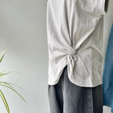 【ハモミシノオトナフク】Asymmetrical Twisted-Hem French-Sleeve Tee