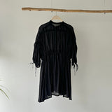 【ハモミシノオトナフク】Crinkled Ribbon Gathered Half-Sleeve Blouse