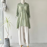【ハモミシノオトナフク】Crinkled Ribbon Gathered Half-Sleeve Blouse