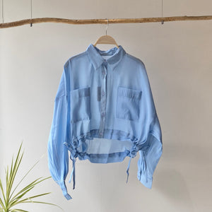【ハモミシノオトナフク】Sheer poplin gathered blouse