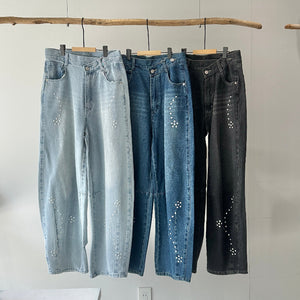 【ハモミシノオトナフク】Denim studded asymmetrical curved pants
