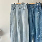 【ハモミシノオトナフク】Denim studded asymmetrical curved pants