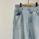 【ハモミシノオトナフク】Denim studded asymmetrical curved pants