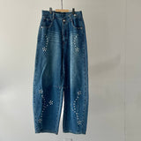 【ハモミシノオトナフク】Denim studded asymmetrical curved pants