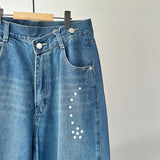 【ハモミシノオトナフク】Denim studded asymmetrical curved pants