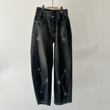【ハモミシノオトナフク】Denim studded asymmetrical curved pants