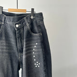 【ハモミシノオトナフク】Denim studded asymmetrical curved pants