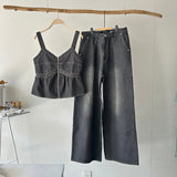 【ハモミシノオトナフク】Denim pleated wide-leg pants