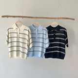 【ハモミシノオトナフク】Sheer striped polo pullover
