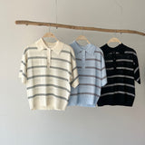 【ハモミシノオトナフク】Sheer striped polo pullover