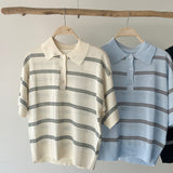 【ハモミシノオトナフク】Sheer striped polo pullover