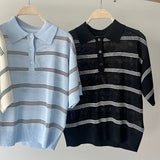 【ハモミシノオトナフク】Sheer striped polo pullover