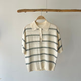 【ハモミシノオトナフク】Sheer striped polo pullover