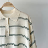 【ハモミシノオトナフク】Sheer striped polo pullover