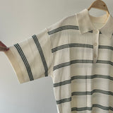 【ハモミシノオトナフク】Sheer striped polo pullover