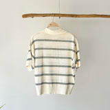 【ハモミシノオトナフク】Sheer striped polo pullover