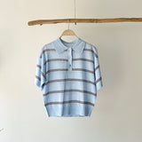 【ハモミシノオトナフク】Sheer striped polo pullover