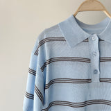 【ハモミシノオトナフク】Sheer striped polo pullover