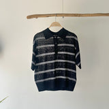 【ハモミシノオトナフク】Sheer striped polo pullover