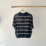 【ハモミシノオトナフク】Sheer striped polo pullover