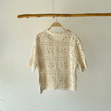【ハモミシノオトナフク】Collared Open-Knit Cardigan