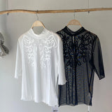 【ハモミシノオトナフク】tape embroidery sheer blouse