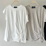 【ハモミシノオトナフク】Asymmetrical Twisted-Hem French-Sleeve Tee