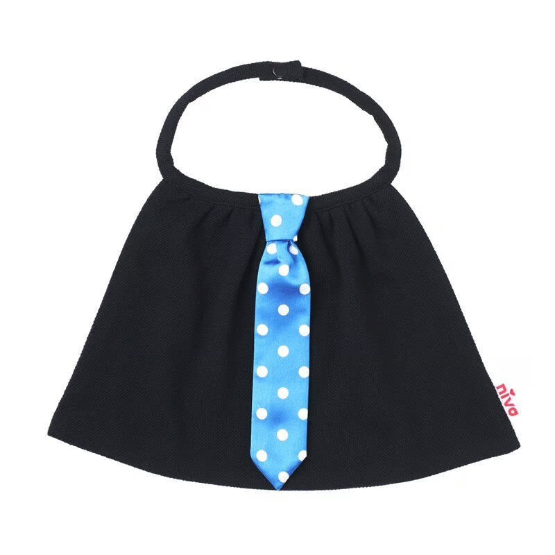 ブルーに白いドットのサテン地ネクタイ付きスタイ（ブラック）／necktie 87