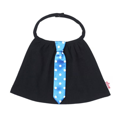 ブルーに白いドットのサテン地ネクタイ付きスタイ（ブラック）／necktie 87