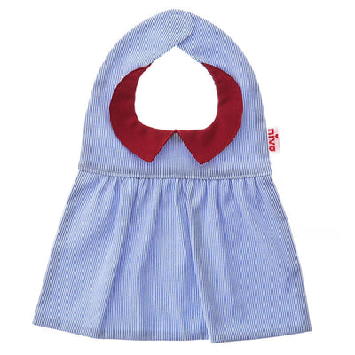 A refreshing bib with a bright red collar and blue stripes