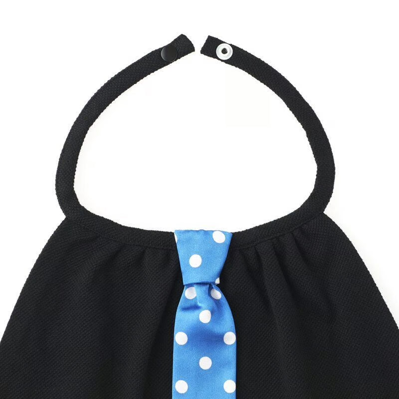 ブルーに白いドットのサテン地ネクタイ付きスタイ（ブラック）／necktie 87