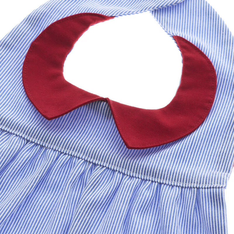 A refreshing bib with a bright red collar and blue stripes