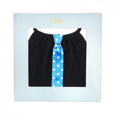 ブルーに白いドットのサテン地ネクタイ付きスタイ（ブラック）／necktie 87